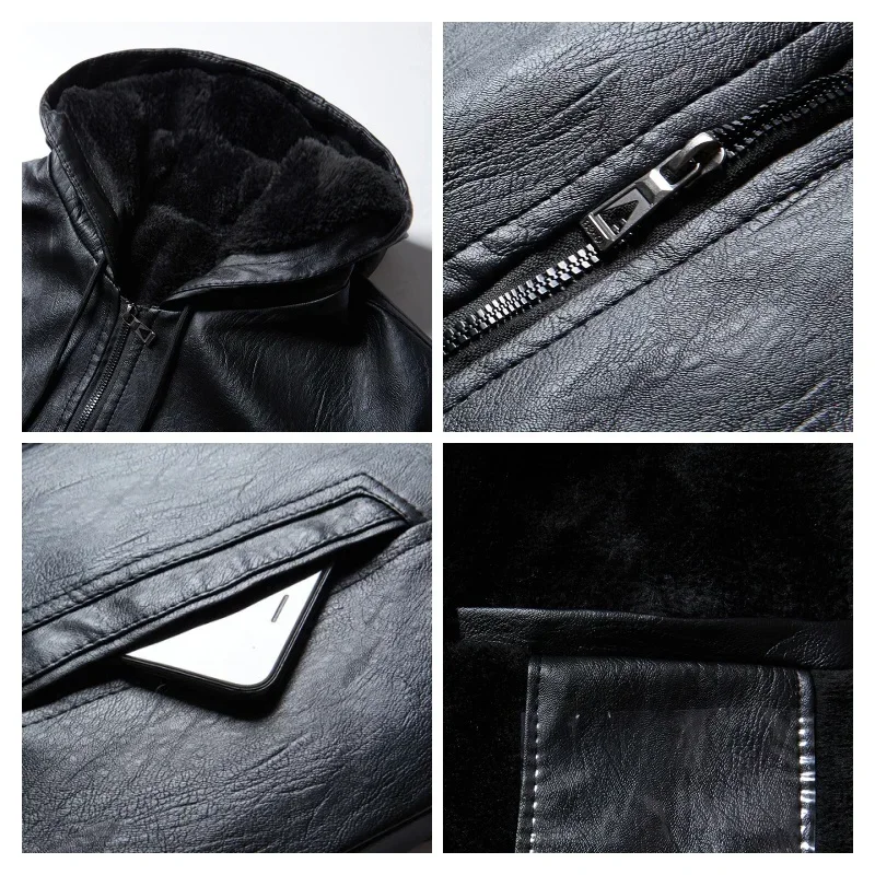 Winter High-end Men\'s Hooded Leather Jacket with Waterproof Windproof and Plush Insulation Men Clothing