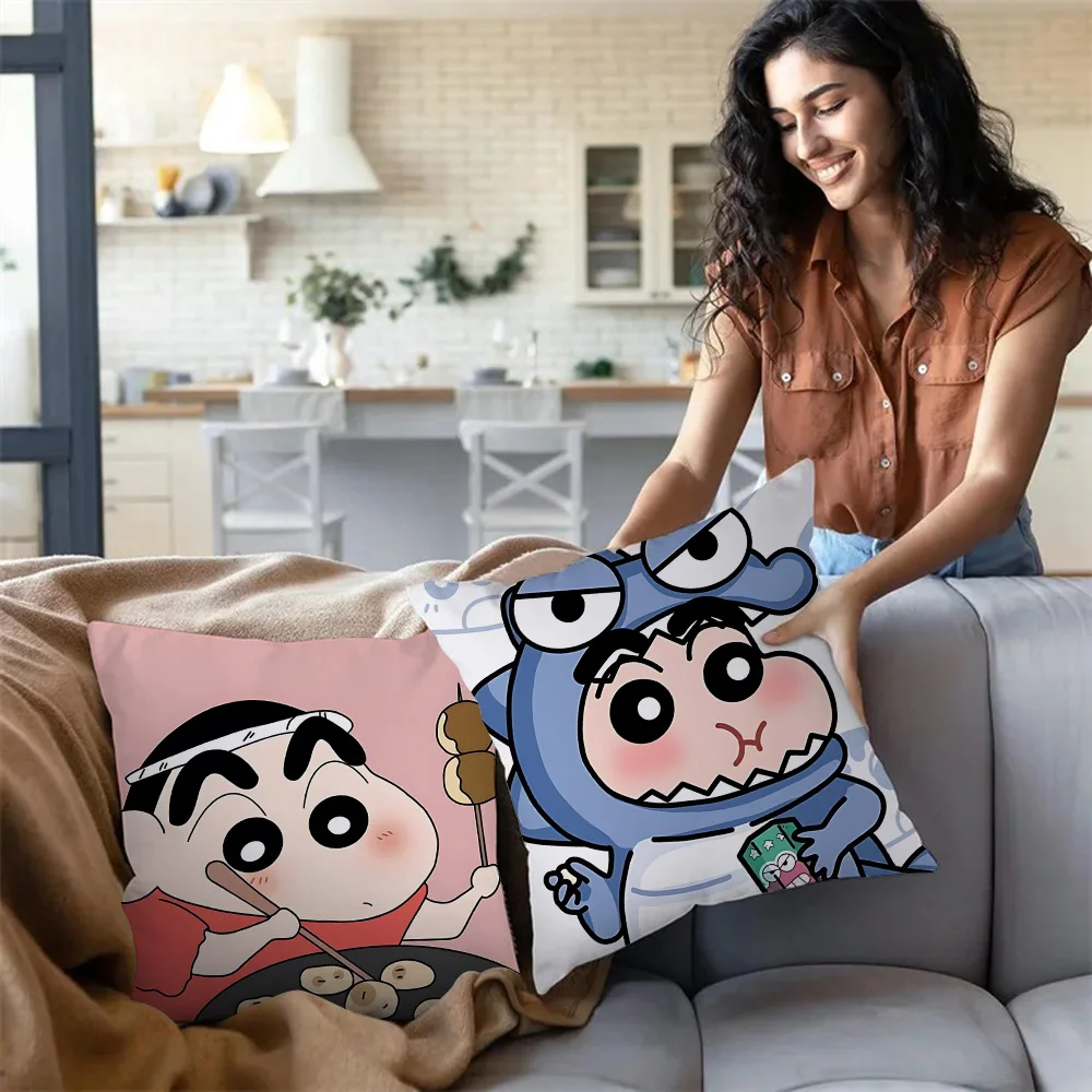Anime Lovely Crayons Shinchans Pillow Covers Cartoon Sofa Decorative Home Double-sided Printing Short Plush Cute Cushion Cover
