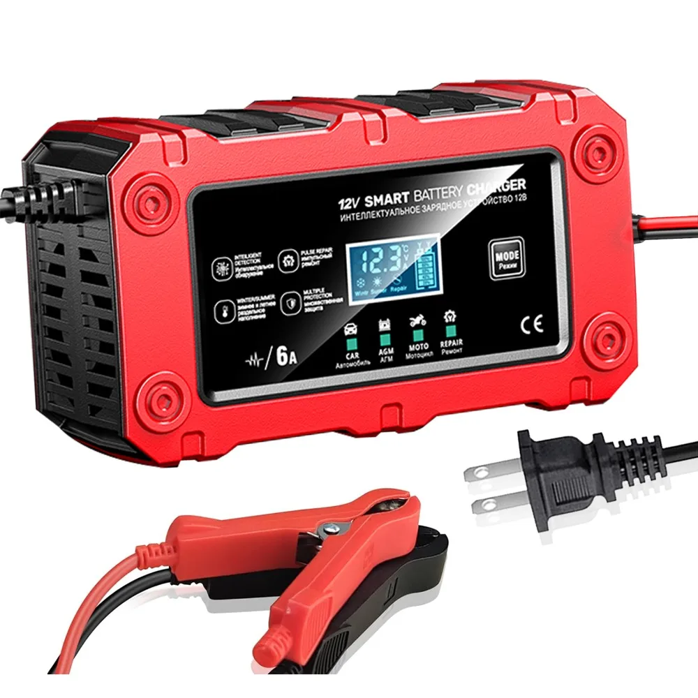 Durable 12V 6A Smart Battery Charger ABS LCD Display Battery Maintainer 4 Modes US Plug Car Battery Charger Car/Motorcycle