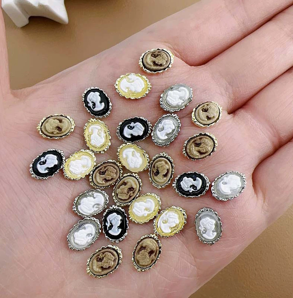 10Pcs Beauty Head Nail Art Charm 3D Retro Alloy Edging Baroque Style Light luxury Nail Decoration DIY Charming Nail Accessories