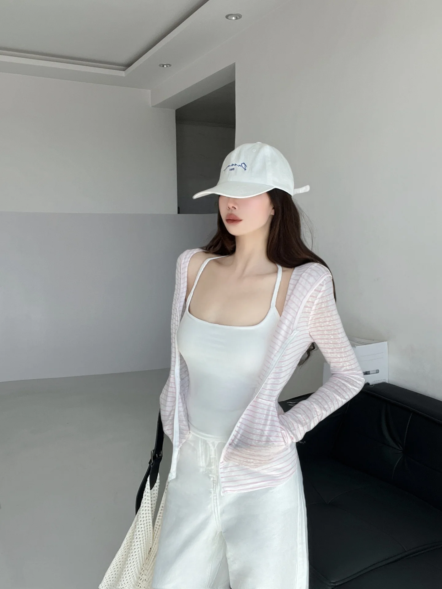 Ossigeno leggero Sweet Girl Stripe Long Sve Donna Primavera Autunno Sottile Allentato Dimagrante Traspirante Protezione solare Capispalla aperto...