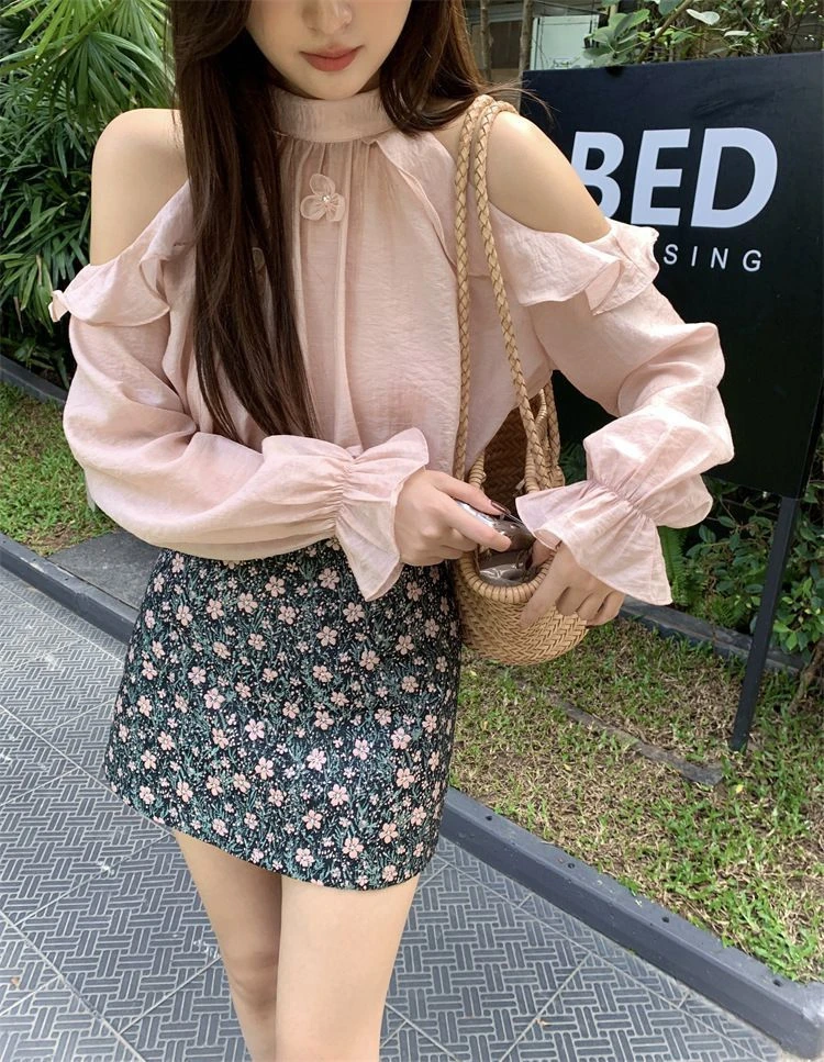 

Женский модный универсальный топ с кружевной отделкой, открытыми плечами, длинными рукавами и круглым вырезом, свободного кроя, для повседневной носки