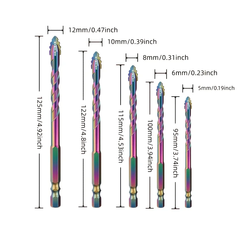 5Pcs Titanium Coated Step Drill Bits, 4-Flute Serrated Eccentric Tip, Multipurpose for Wood, Plastic, Metal, Tile, Concrete