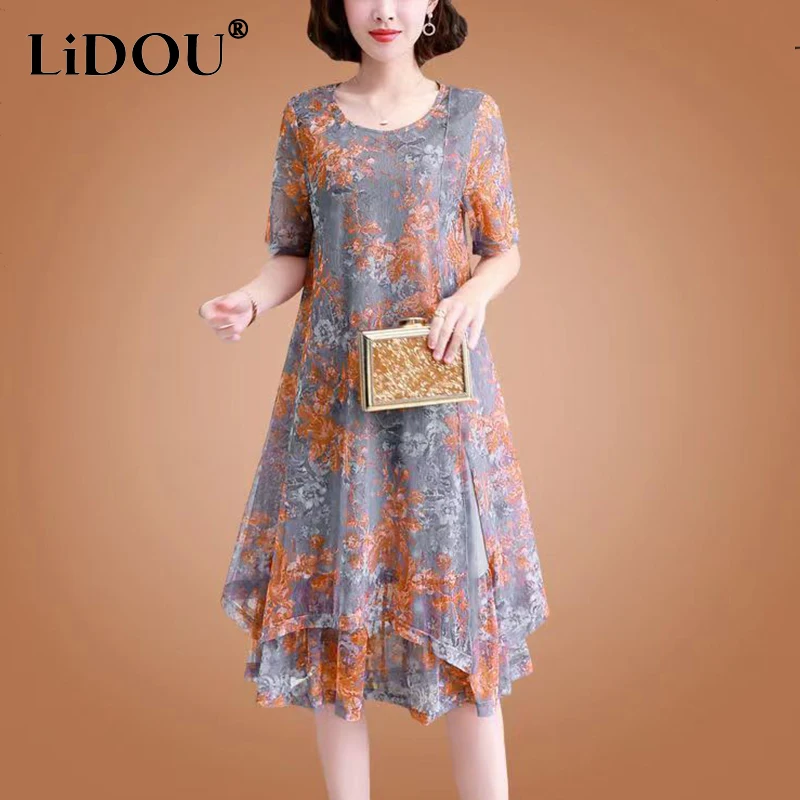 Letnia modna elegancka nieregularna w kwiaty z nadrukiem suknia za kolano damska sukienka z krótkim rękawem swobodna siateczka Vintage oversize Vestidos