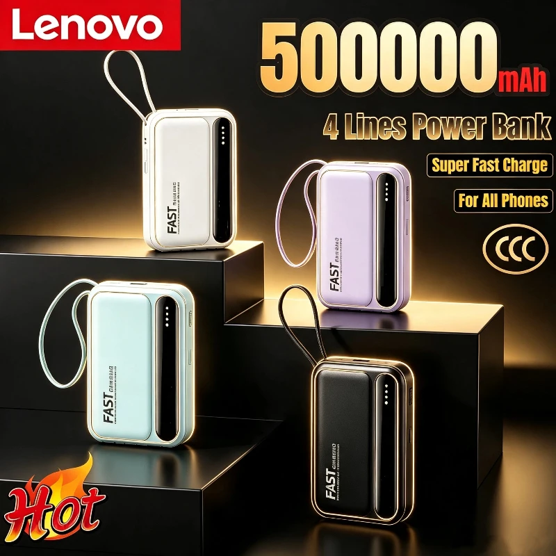 Image of Lenovo 500000mAh Powerbank Große Kapazität Superschnelles Laden Tragbarer Externer Akku Eingebaute 4 Kabel für Alle Telefone 2027
