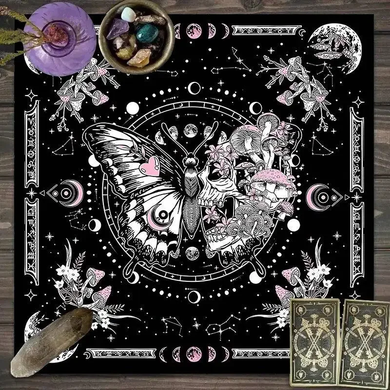 VIKAMA Black White Butterfly Skull Occult Tarot Tablecloth Mystical Occult Altar Cloth Divination Mat Durable Home Decor