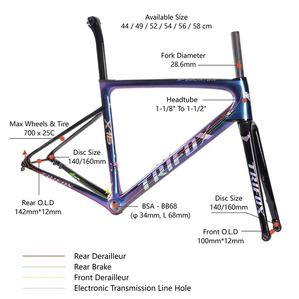 TRIFOX carbon frame road bike X16 Chameleon beautiful color super light inner cable road bike frame carbon fiber