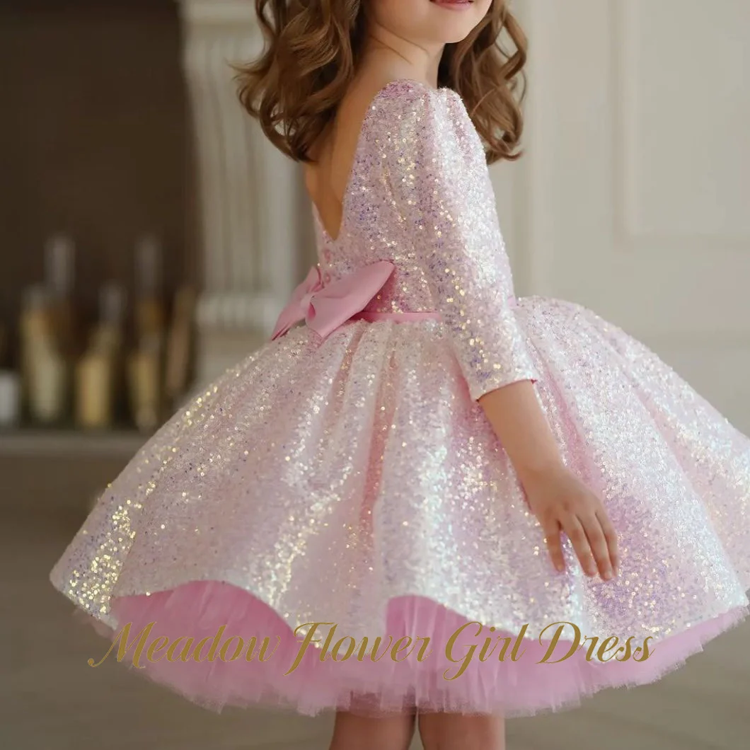 

Meadow Light Pink First Communion Gown Back Deep V Neck Waist Bow Girls Princess Dress Puff Sleeve Evening Party Dress for Girls