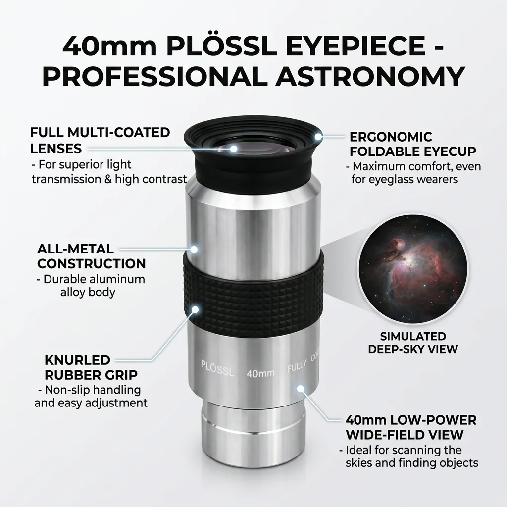 40mm Plossl Teleskop-Okular 1,25 Zoll Niedrigenergie-Großfeld-FMC-Linse mit klappbarem Augenmuschel für Deep-Sky-Beobachtung und Objektfindung
