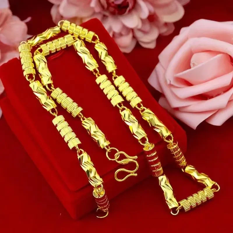 High Quality Neck Jewelry 24K Gold 999 Mens Hexagonal Bamboo Necklace AU750 Chain Human Pulse Luxury Quality Jewelry 8mm 60cm