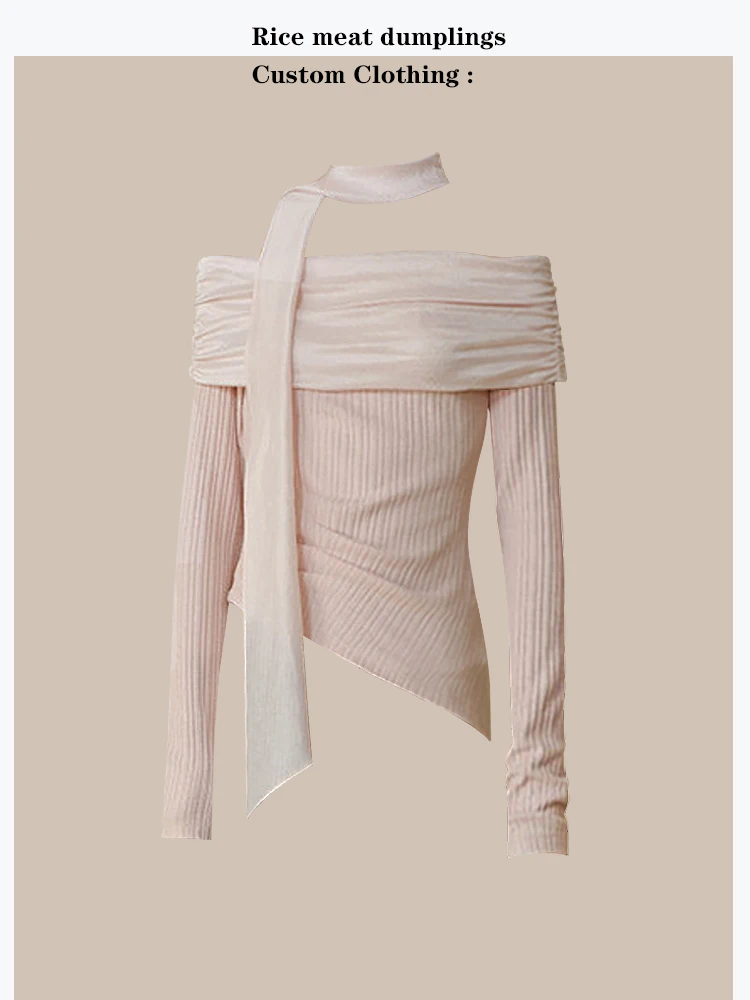 

Textured Knit Shoulder Bared Top with Sashes Soft Korean Style Long Sleeve Fine Gauge Yarn Regular Length Fashionable Design