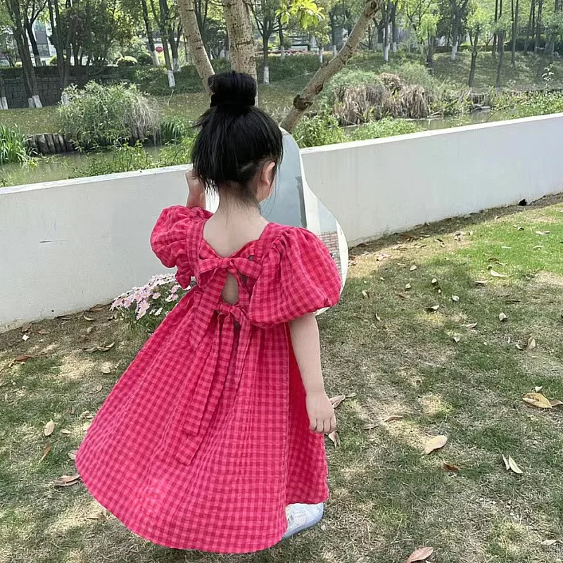 

Girls' dress Summer dress Children's clothing Children's princess birthday party Fashion dress Bowknot plaid beach skirt