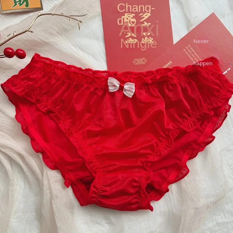Red Bow Wave Point Perspective Ladies Underwear Sexy Lace Mid-waist Girl Lolita New Women\'s Fungus Edge Panties Loli Mini