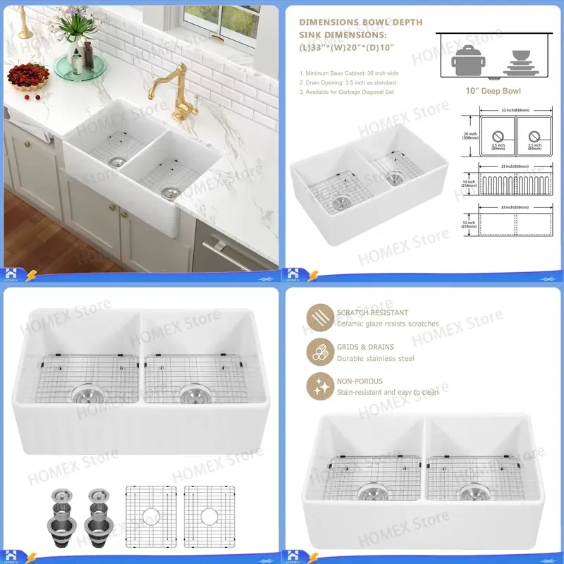 33 Inch Double Bowl Apron Front Farmhouse Kitchen Sink White Ceramic Rectangular Basin Undermount Drop In Wash Hand Basin