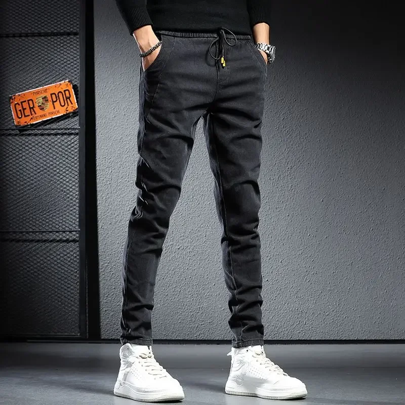 Autumn Winter High-end Fleece Plush Wool Streetwear Men\'s Clothing Casual Pants Men Elastic Waist and Full Length Joggers Jeans