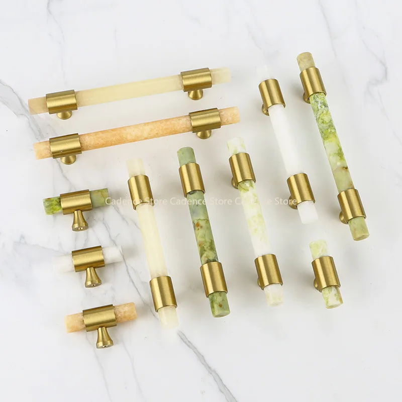 Long Cylindrical Marble Furniture Handle Drawer Knob Natural Marble Brass Handles For Kitchen Wine Cabinet Door Cupboard Pulls