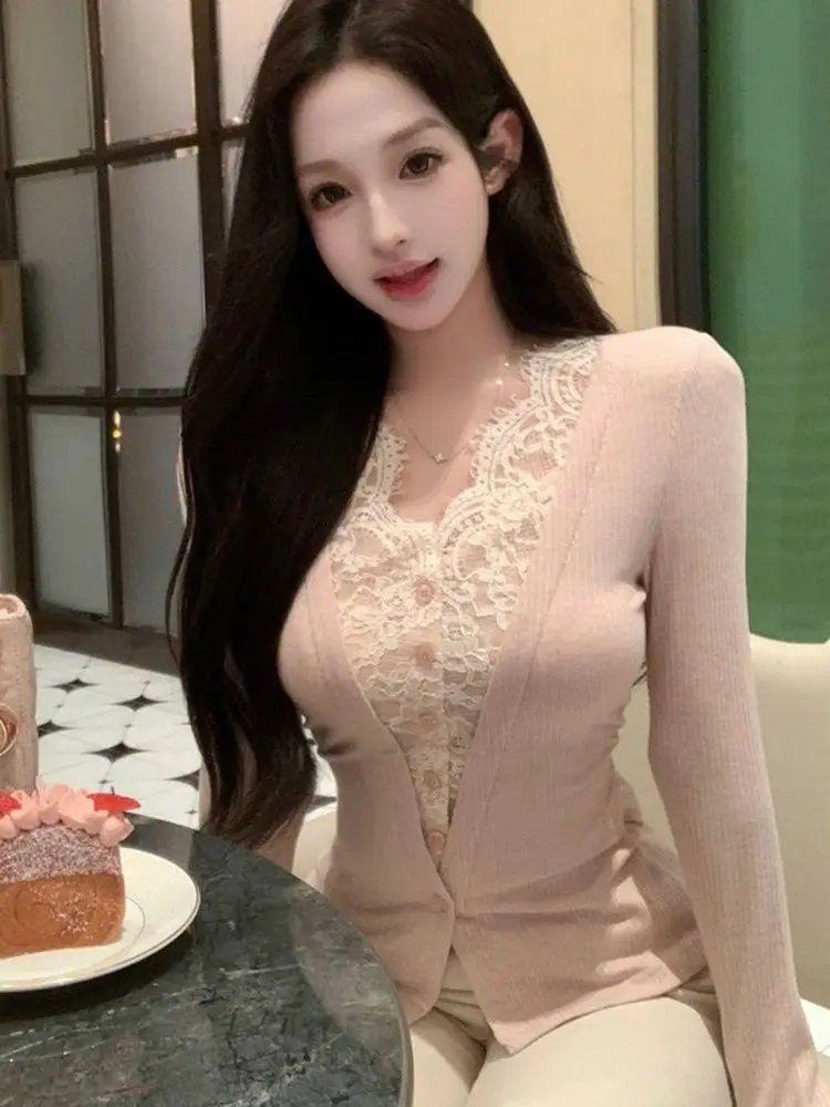 

Sexy Sle Early Autumn V-ne Lace Splice Slim Long Sve Women's Base irt Floral Print Polyester Elastic Fiber Blouse