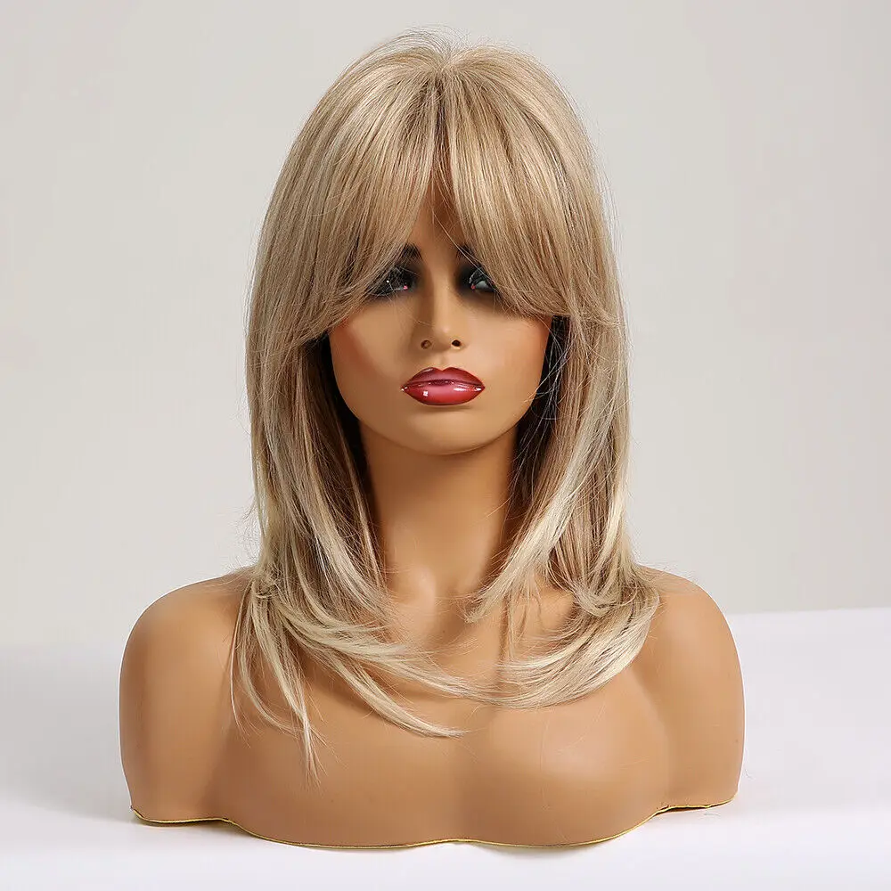 Middle Long Straight Synthetic Wigs Blonde Highlight Layered Wig with Side Bangs