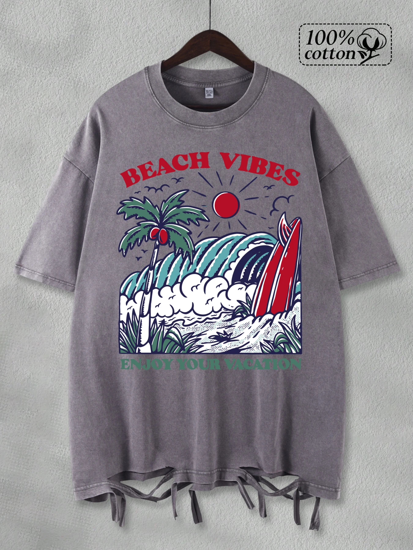 

Beach Vibes Enjoy Your Vacation Print Man Washed Holes Футболки Хлопковая Свободная Футболка Летняя Мягкая Одежда Универсальный Топ в стиле хип-хоп
