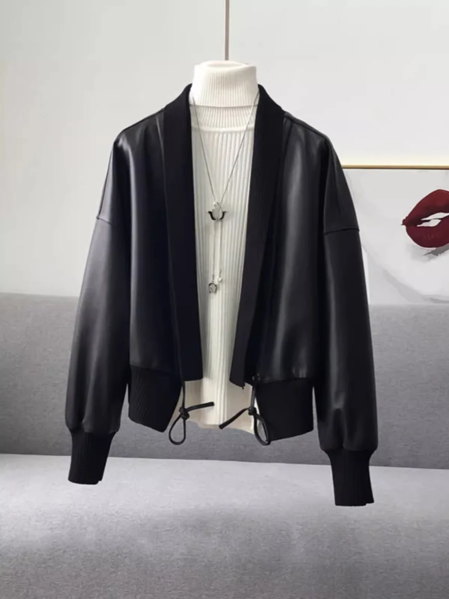 Fashionable Knitted Leather Jacket Women's Short V-Neck Loose Fit Spring 2025 Trendy Patchwork Biker Coat Sweet Style Top