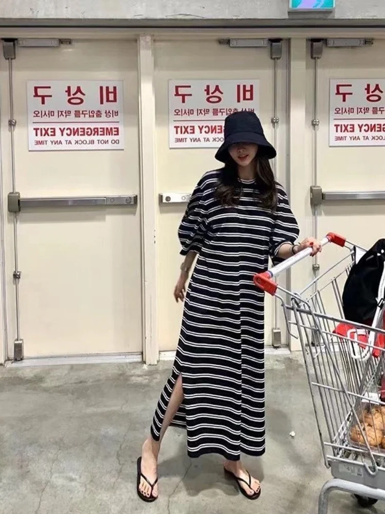 Chic rayé T-shirt Dr femme ample rond Ne Bubble Sve longue coupe droite fente latérale a-ligne été coton Dr