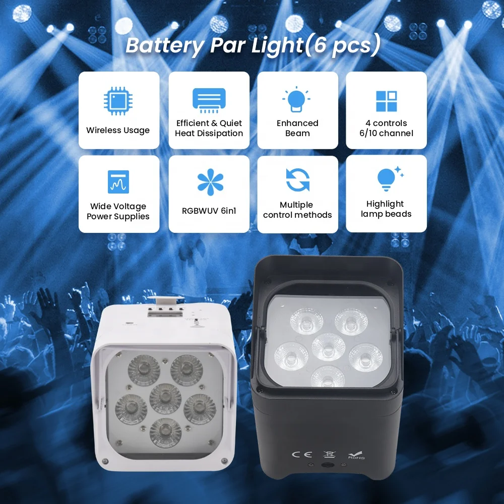 6x18W Wireless RGBWAUV LED Parking Tank Lights - Battery - Powered, for DJ Clubs, Stages & Parking, w/ DMX Control