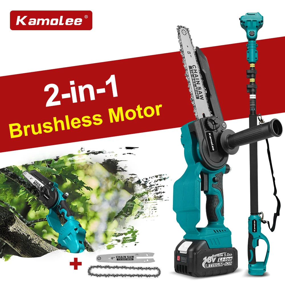Kamolee 6 Inch+8 Inch Mini Brushless Electric Saw Rechargeable Chain Saw Wood Cutter Pruning Garden Power Tools