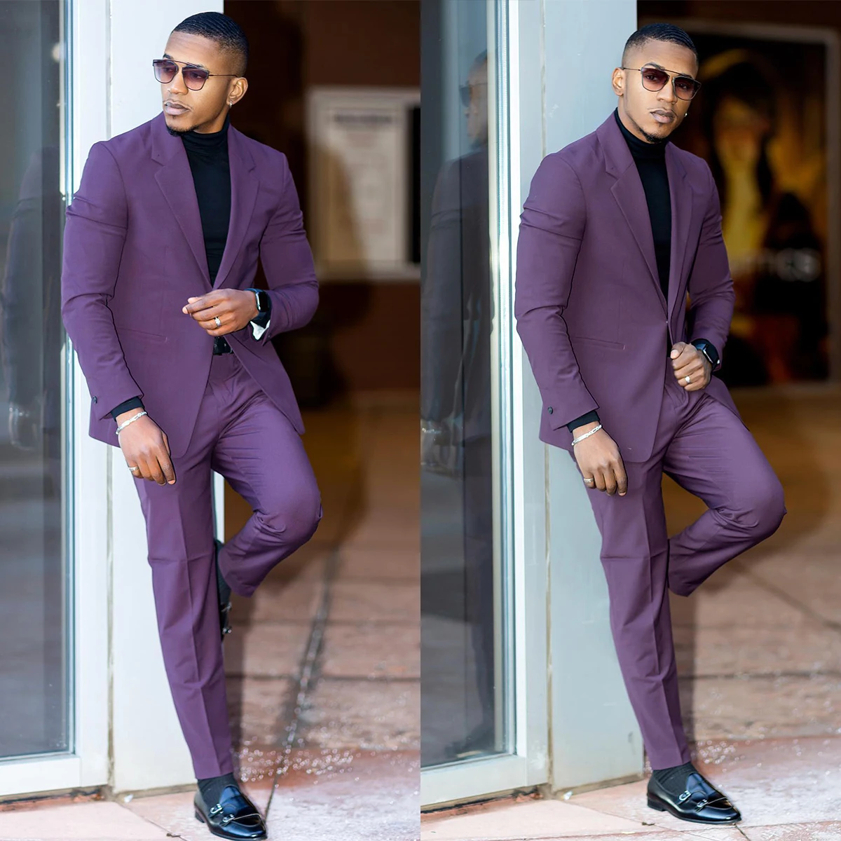 

Purple Men's Suits Tailored 2 Pieces Blazer Pants Peaked Lapel One Button Pure Slim Fit New Wedding Groom Custom Made Plus Size