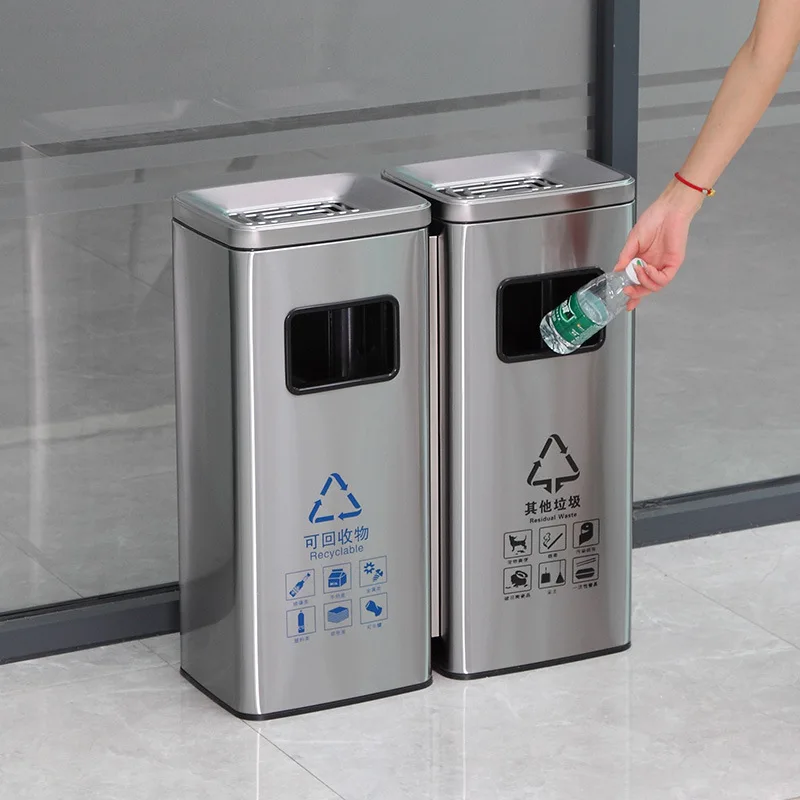 

Commercial Rectangular Round Large Capacity Trash Can with Ashtray Hotel Shopping Mall Staircase Stainless Steel Environmental B