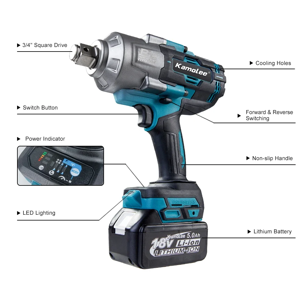 Kamolee 3100N.m High torque wireless brushless electric impact wrench 3/4 inch Power Tools Compatible With Makita 18V Battery