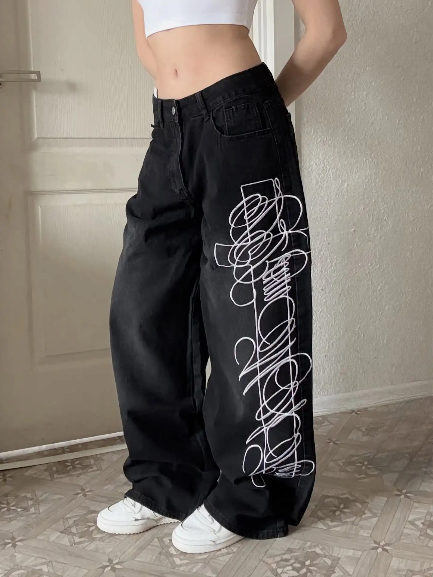 

Y2K Fashion Vintage Black Embroidery Jeans Harajuku Hip Hop Wide Leg Denim Pants Casual Loose Baggy Trousers For Men and Women