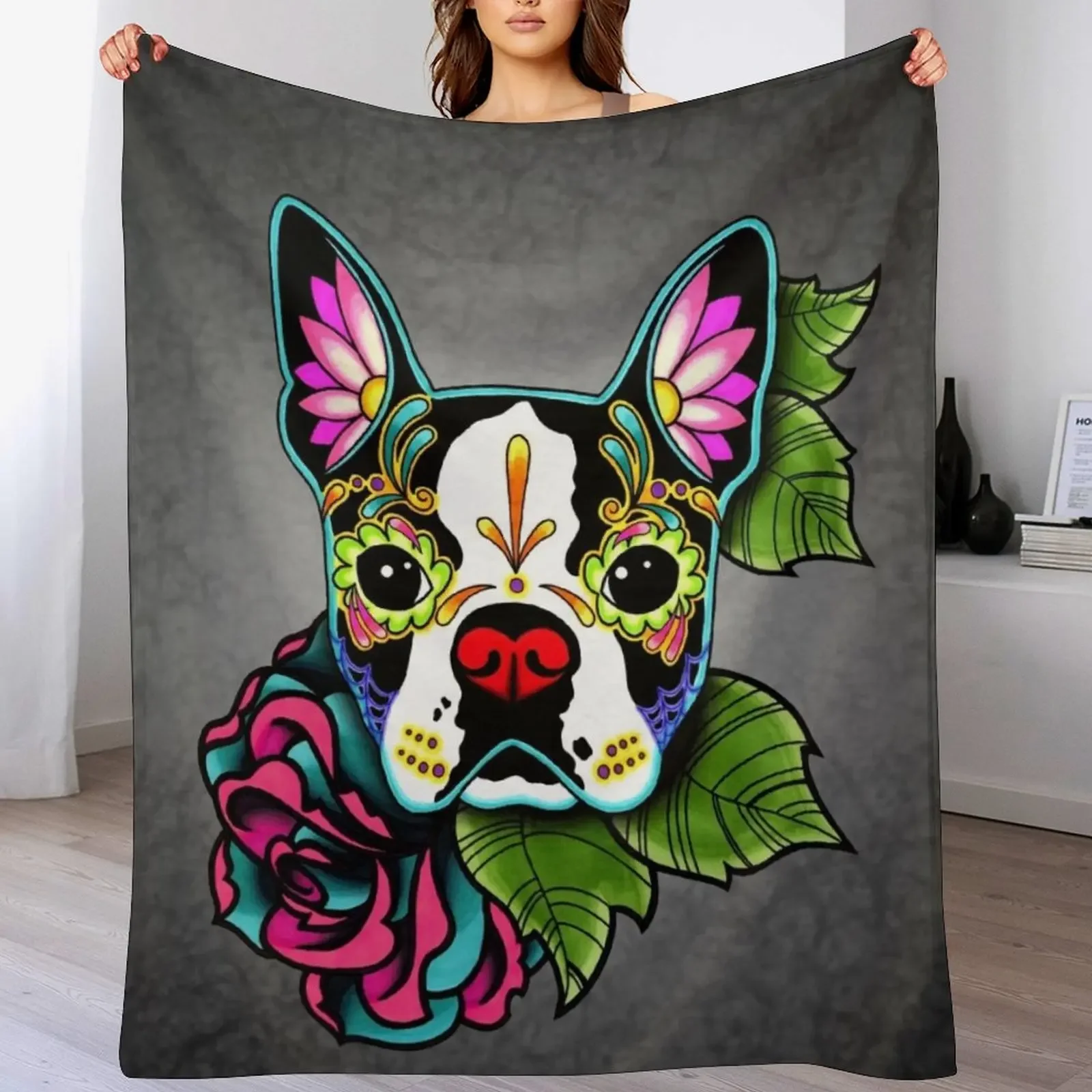 Boston Terrier in Black - Day of the Dead Sugar Skull Dog Throw Blanket Breathable Lightweight Blanket for Adults Kids