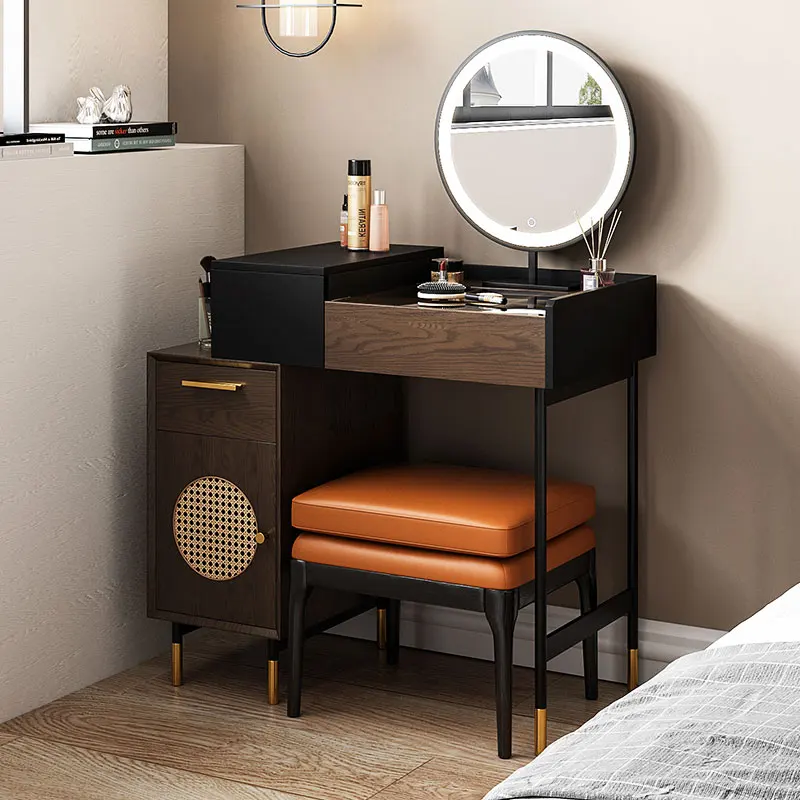 

Simple Rattan Comb Dresser Modern Storage Cabinet Small Apartment Makeup Table with LED Light Dresser