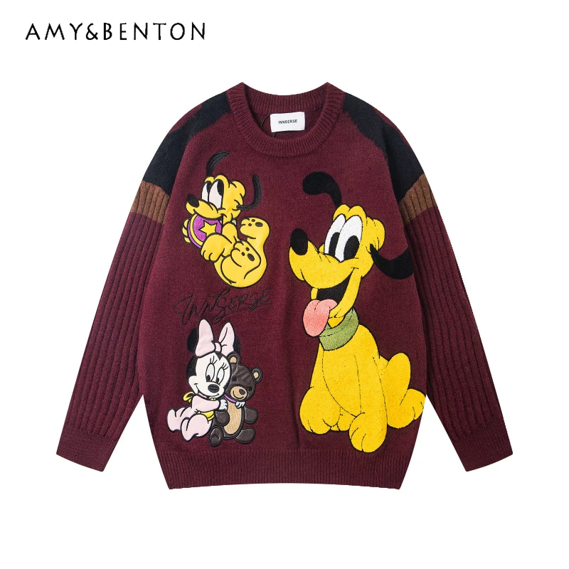 Autumn Winter Top American Retro Color Block Cute Cartoon Embroidery Pullover Crew Neck Sweater Unisex Versatile Loose Knitwear
