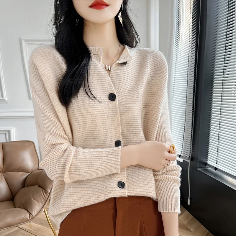 Autumn/Winter New 100% Pure Wool Cardigan Women\'s O-Neck Knitted Bat Sleeve Cardigan Loose Solid Color Cashmere Sweater Coat Top