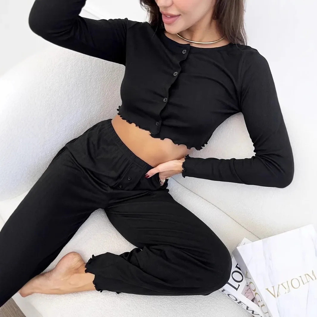 2025 Cotton material Spring Summer Women's Sexy Pajamas Homewear Set Knitted Design Long Sleeve Long Pants Pajamas Homewear Set