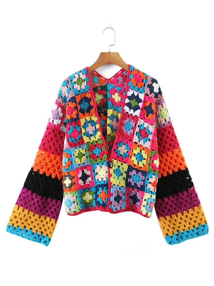 2022 BOHO Plaid Flower Hand Made Crochet Cardigan Woman V neck Long sleeve One Button Sweater Knitwear Jumper Holiday