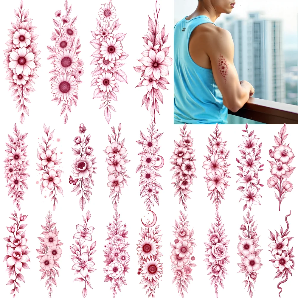

12pcs Temporary Tattoo Plant Patterns Temporary Tattoo Stickers Floral Designs Flower Tattoos Red Line For Adults Shoulders