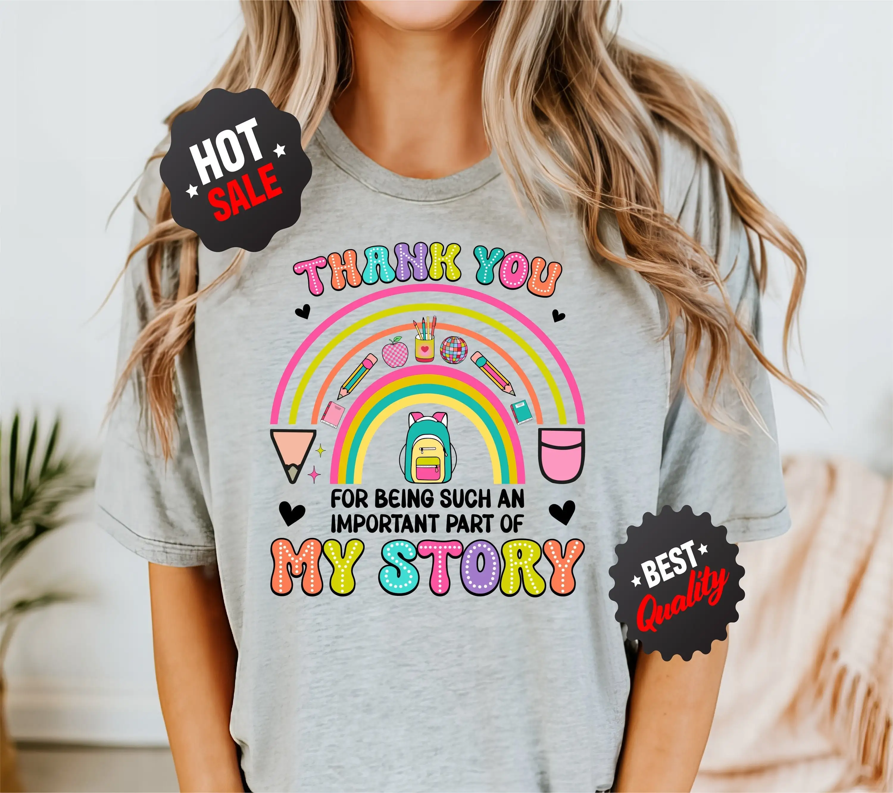 Thank You For Being Such An Important Part Of My Story T Shirt Teacher Appreciation Rainbow Heart School Supplies Design