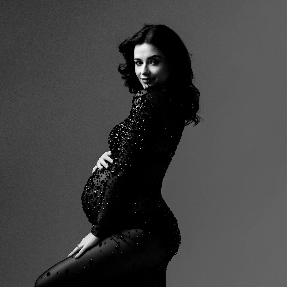 Maternity Photography Dress Black Rhinestone Sheer Mesh Long Sleeve Slim Gown Pregnant Photo Shoot Outfit Baby Bump view 6