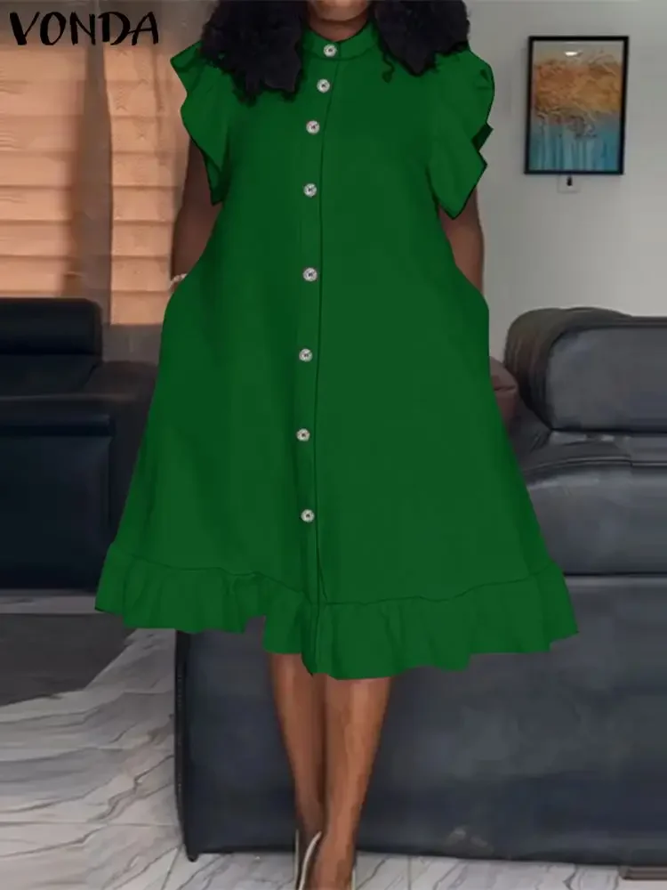 VONDA grande taille 5XL mode à volants Mini robe femmes élégant couleur unie robe 2024 décontracté boutons amples robe d'été robes de soirée