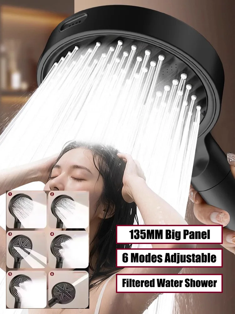 

High Pressure Shower Head With Filter 6 Modes Adjustable Spray Nozzles 135mm Large Panel Showerhead Bathroom Accessories Set