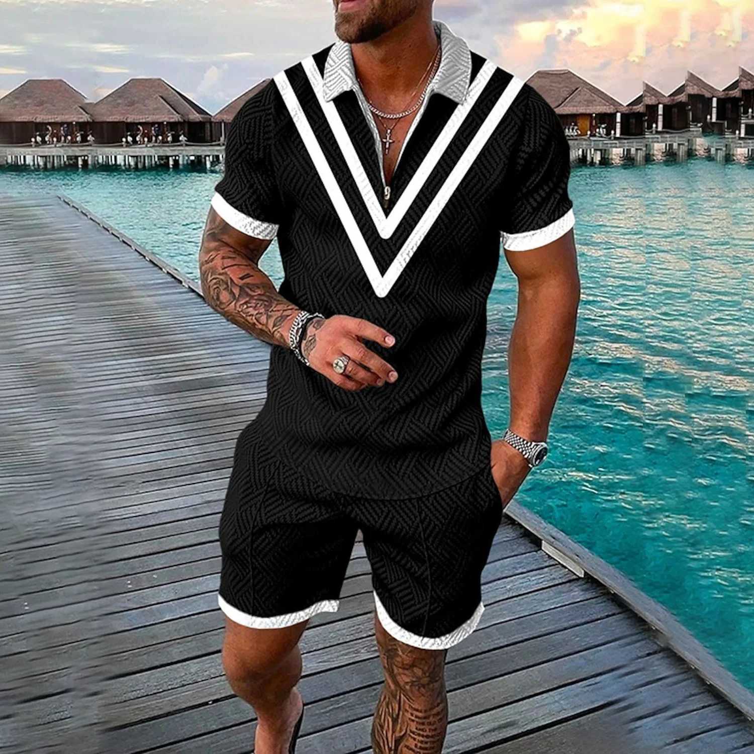 Summer 3D Print Men\'s Tracksuit Set Casual Zipper Polo Shirt Shorts 2pcs Sets Boho Geometric Style Holiday Clothing High-quality