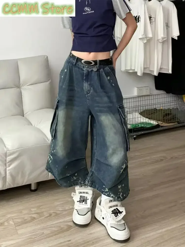 

Women's Summer Vintage High Waist Blue Retro Washed Denim Shorts Fashion Casual Loose Fit Y2K Streetwear Mid Long Short