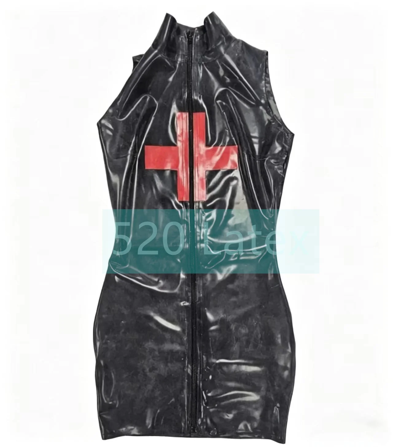 

Black Nurse Style Dress with Front Zipper Red Cross Latex Uniform Women's Latex Rubber Tight Skirts Halloween Cosplay Costumes