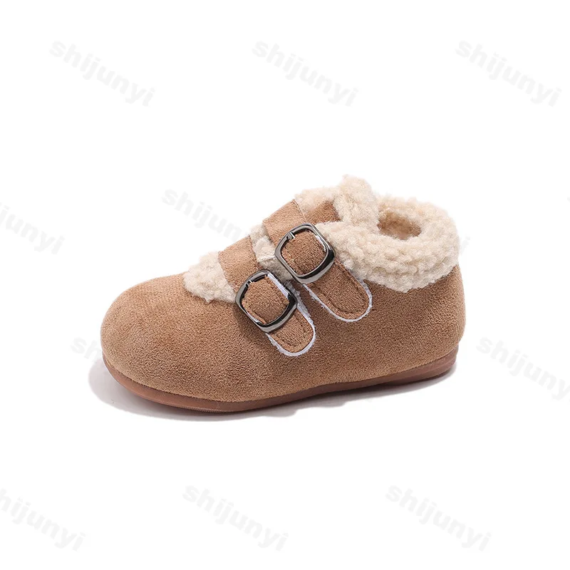 Designer Vintage Children Warm Fur Flats Shoes Cotton 2025 Fashion Shallow Belt Buckle Winter Boys Girls Comfort Loafers Shoes