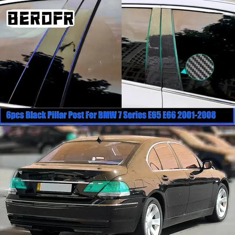 6Pcs/Set Car Pillar Post Glossy Piano Black for BMW 7 Series E65 E66 2001-2005 2006 2007 2008 Door Window Molding Cover Stickers