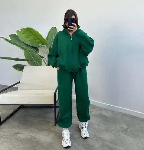 Ensemble deux pièces décontracté pour femmes, Cardigan paresseux à la mode avec poche zippée et sweat à capuche pour les pieds liés, automne hiver