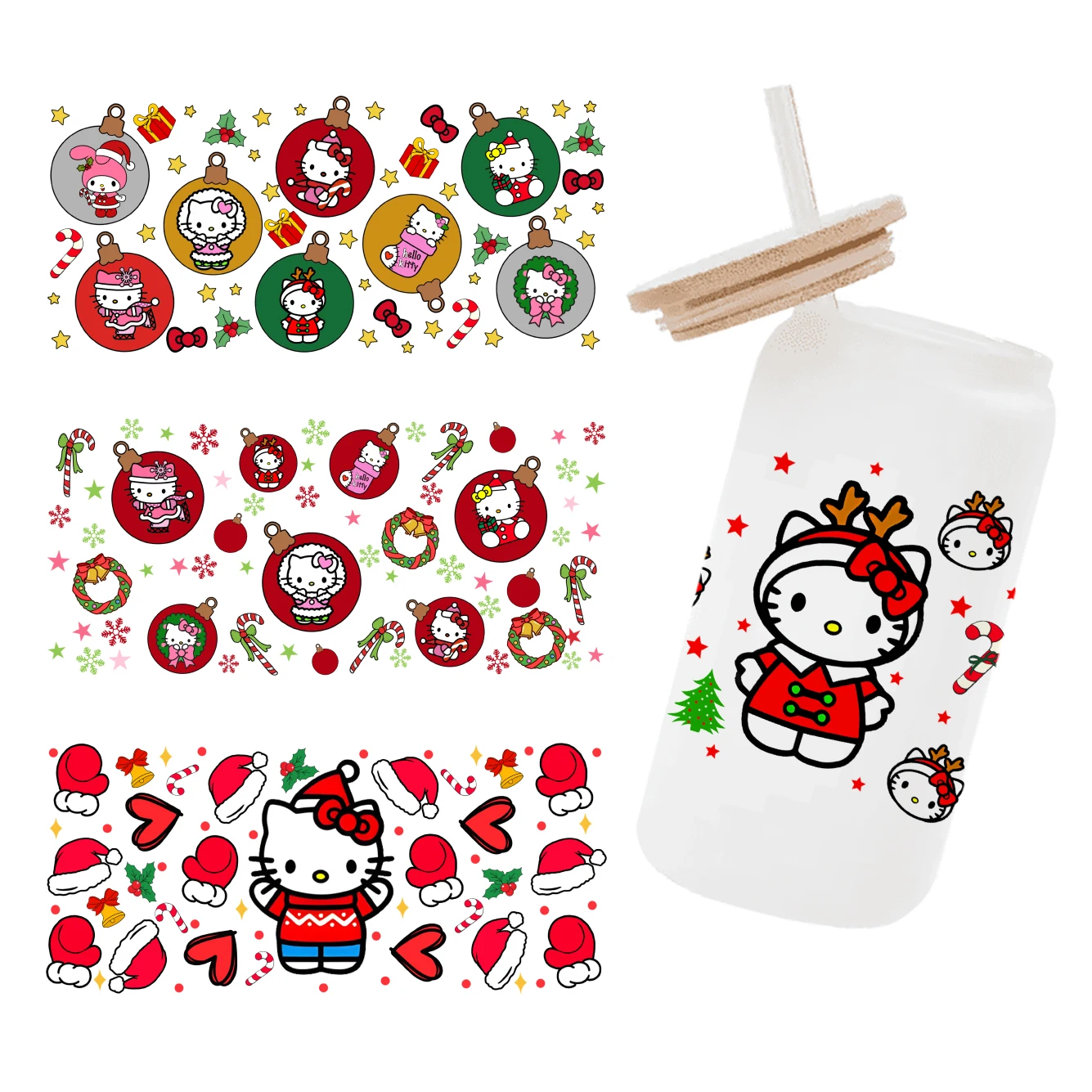 11x24cm Hello Kitty Weihnachtsthema UV DTF Cup Wrap Wasserdicht Urlaub Design Tumbler Glasbecher DIY Aufkleber Aufkleber