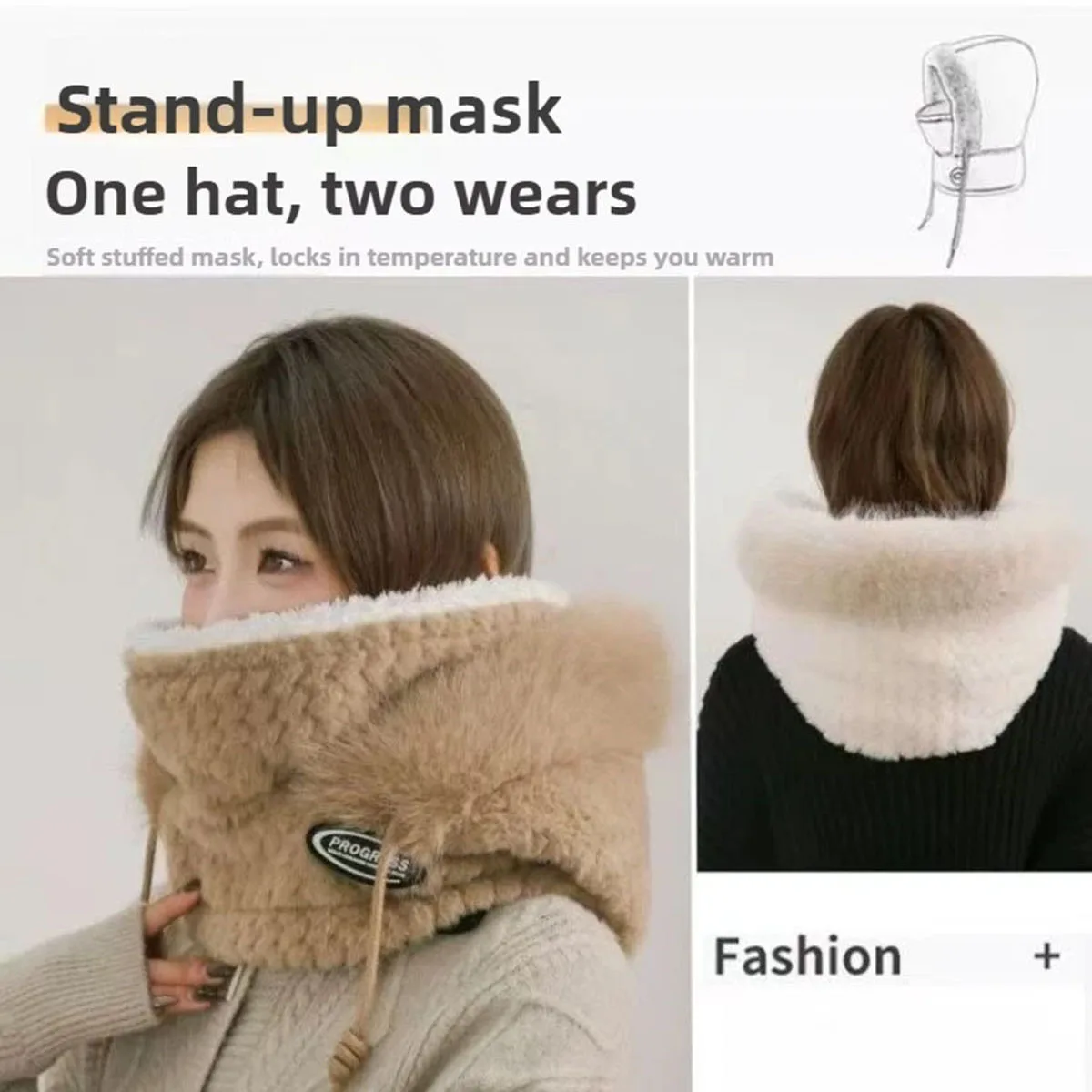 Gorro cálido y grueso para exteriores para mujer, gorro de felpa de una pieza, máscara, protección para los oídos, cordón ajustable, accesorio de viaje para ir al trabajo, invierno